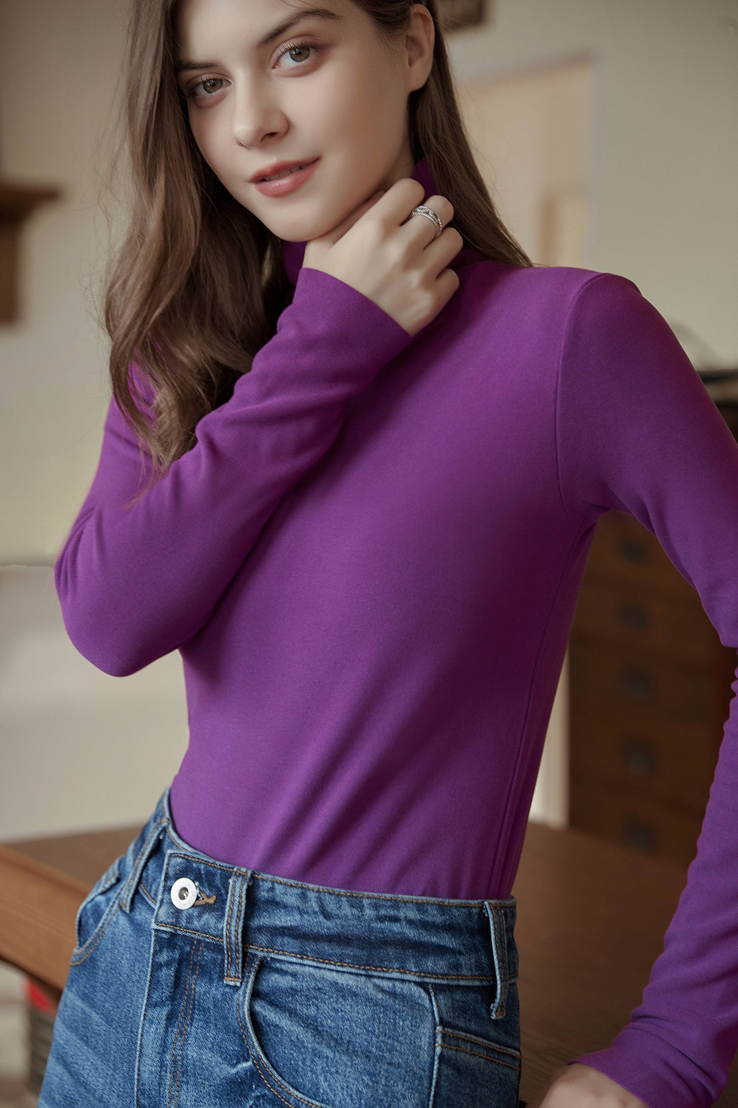 Women Warm Bayer De Velvet Moisturizing Nourishing Mulberry Silk Super Elastic Turtleneck Bottoming Shirt